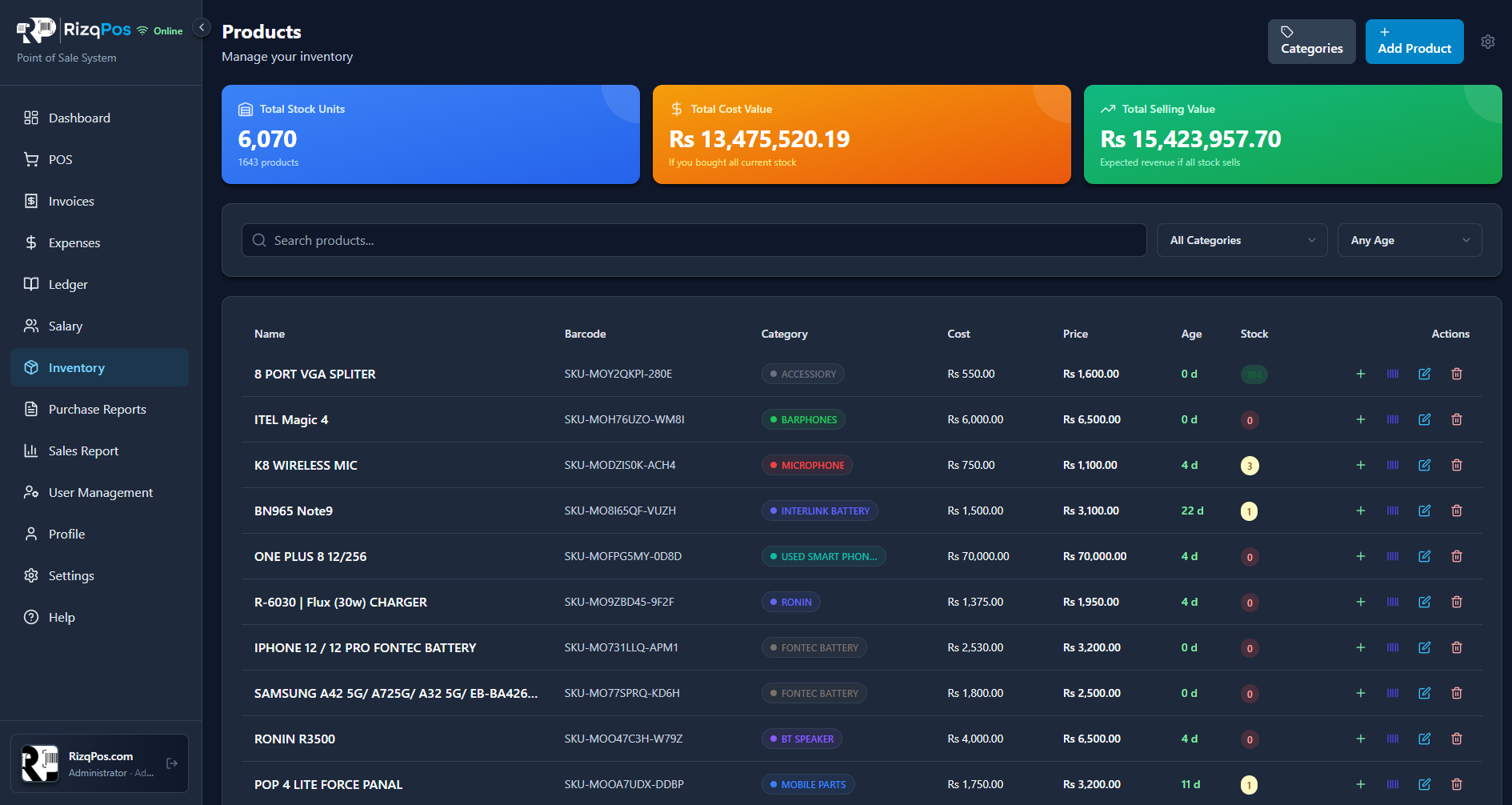 RizqPos Inventory screen